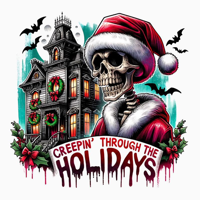 Creepin’ Through the Holidays PNG – Gothic Santa Skeleton Clipart | Spooky Christmas Haunted House Sublimation Design