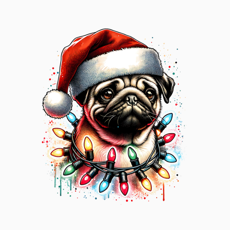 Christmas Pug PNG – Cute Santa Hat Dog Clipart | Festive Holiday Lights Pet Sublimation Design