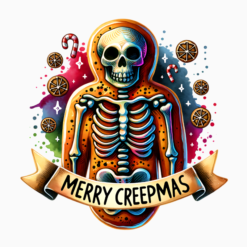 Merry Creepmas PNG – Skeleton Gingerbread Cookie Clipart | Spooky Christmas Candy Cane Sublimation Design