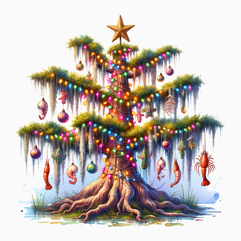 Bayou Christmas Tree PNG – Coastal Moss Tree Clipart | Cajun Holiday Seafood Sublimation Design