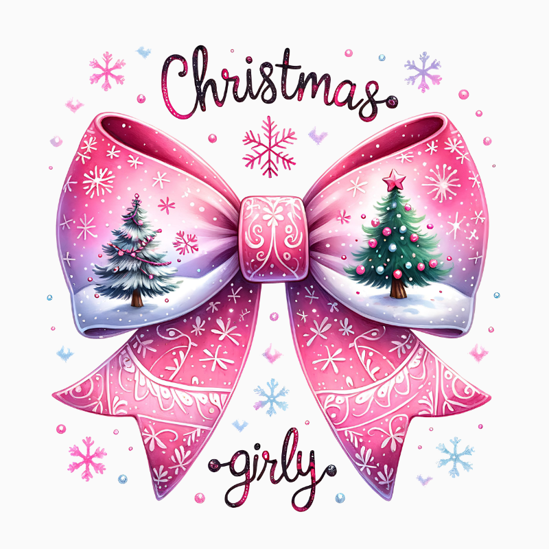 Christmas Girly PNG – Pink Bow with Christmas Trees Clipart | Cute Feminine Holiday Sublimation Design