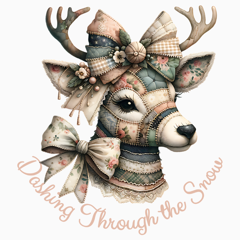 Dashing Through the Snow PNG – Patchwork Deer Clipart | Cozy Vintage Christmas Sublimation Design