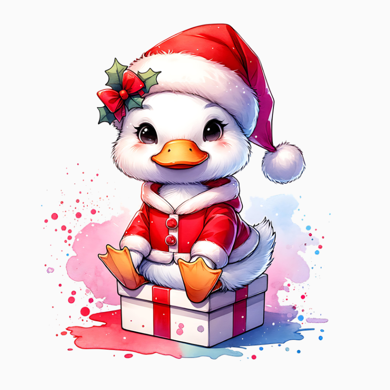 Christmas Duck PNG – Cute Santa Duck Clipart | Holiday Gift Box Watercolor Sublimation Design