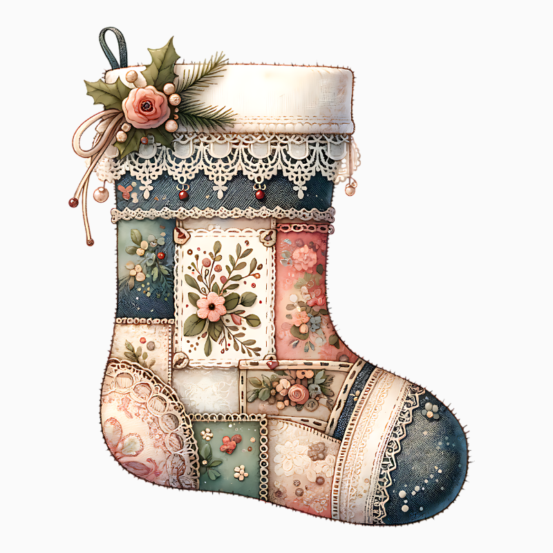 Patchwork Christmas Stocking PNG – Quilted Fabric Holiday Clipart | Vintage Cottagecore Floral Sublimation Design