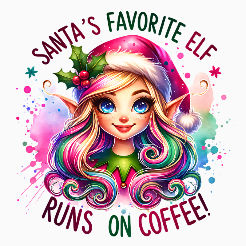 Santa’s Favorite Elf Runs on Coffee PNG – Colorful Christmas Elf Clipart | Funny Holiday Sublimation Design