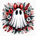 Floral Ghost with Red Bow PNG – Elegant Spooky Holiday Clipart | Whimsical Gothic Floral Sublimation Design