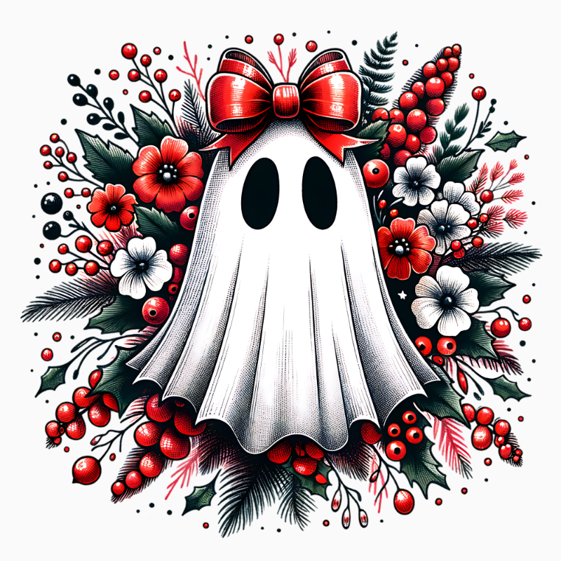 Floral Ghost with Red Bow PNG – Elegant Spooky Holiday Clipart | Whimsical Gothic Floral Sublimation Design