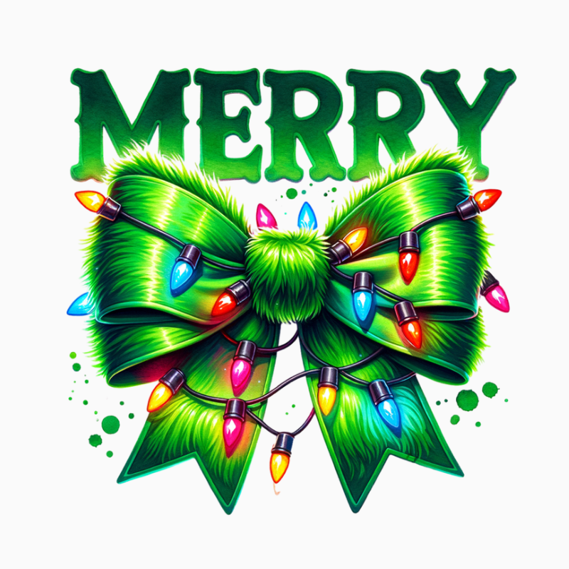 Merry Green Bow PNG – Furry Christmas Bow Clipart | Colorful Holiday Lights Sublimation Design