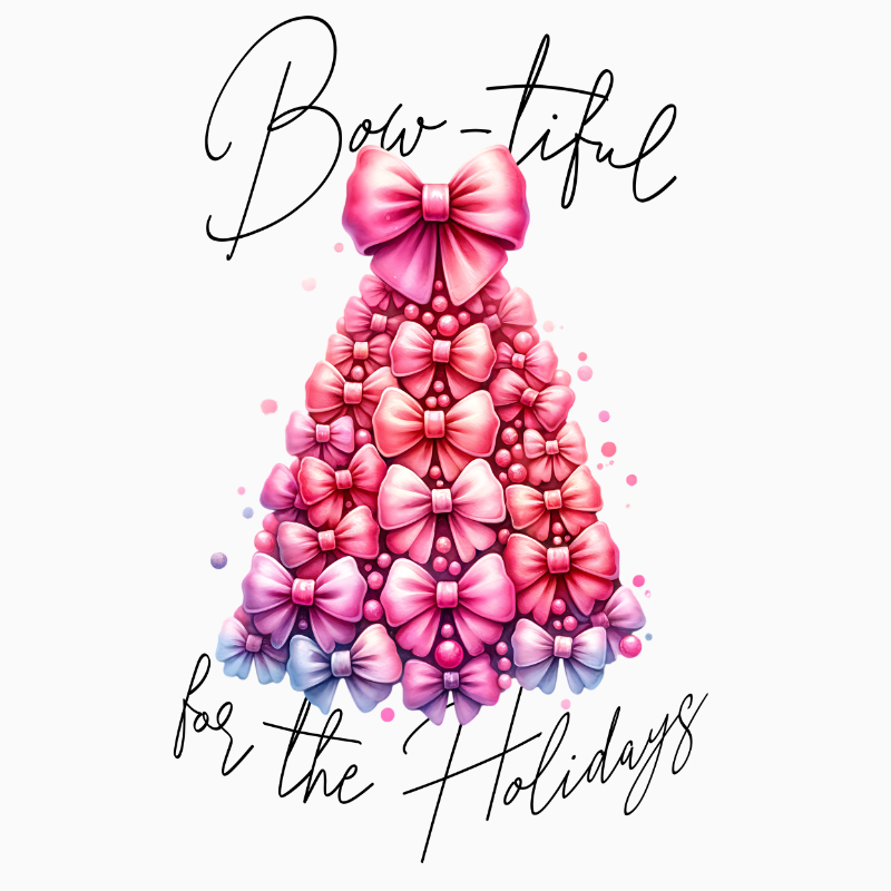 Bow‑tiful for the Holidays PNG – Pink Bow Christmas Tree Clipart | Stylish Girly Holiday Sublimation Design