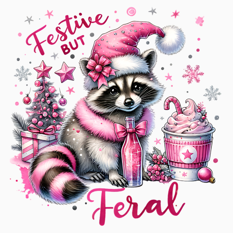 Festive but Feral PNG – Pink Christmas Raccoon Clipart | Cute Wild Holiday Sublimation Design