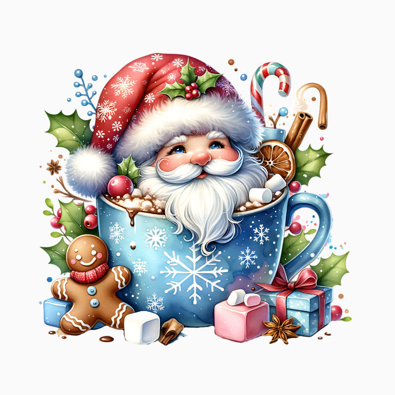 Santa in Hot Cocoa Mug PNG – Cozy Christmas Clipart | Cute Holiday Downloadable Artwork for Crafts & Apparel