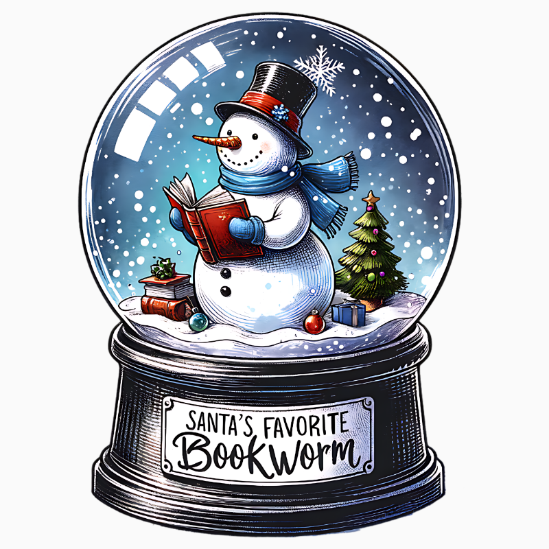 Santa’s Favorite Bookworm PNG – Snowman Reading Snow Globe Clipart | Charming Winter Holiday Sublimation Design