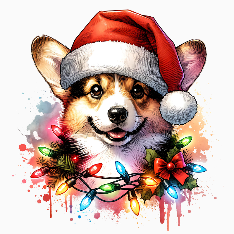 Christmas Corgi PNG – Cute Santa Hat Dog Clipart | Festive Holiday Lights Sublimation Design