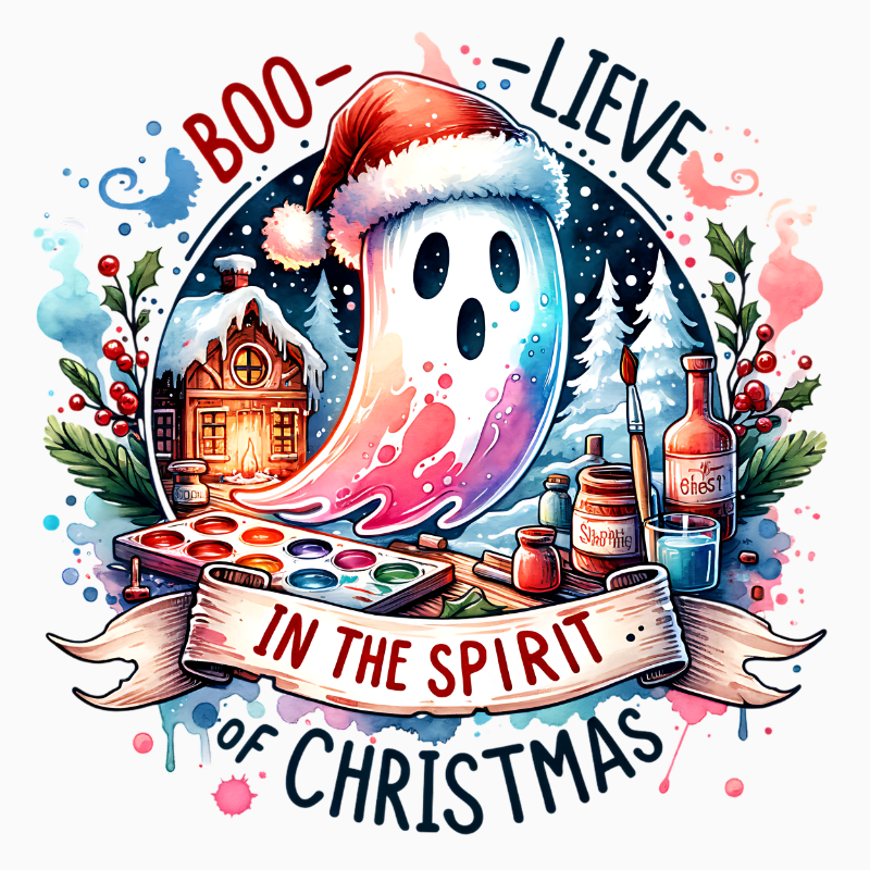 Boo‑lieve in the Spirit of Christmas PNG – Santa Hat Ghost Clipart | Spooky‑Cute Holiday Sublimation Design