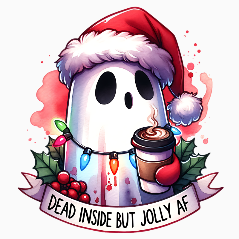 Dead Inside But Jolly AF Ghost PNG | Funny Spooky Christmas Artwork for Sublimation, Crafts, and Holiday Shirts