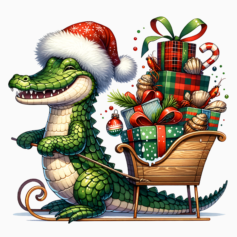 Christmas Alligator Sleigh PNG – Festive Gator with Gifts Clipart | Southern Holiday Sublimation Design