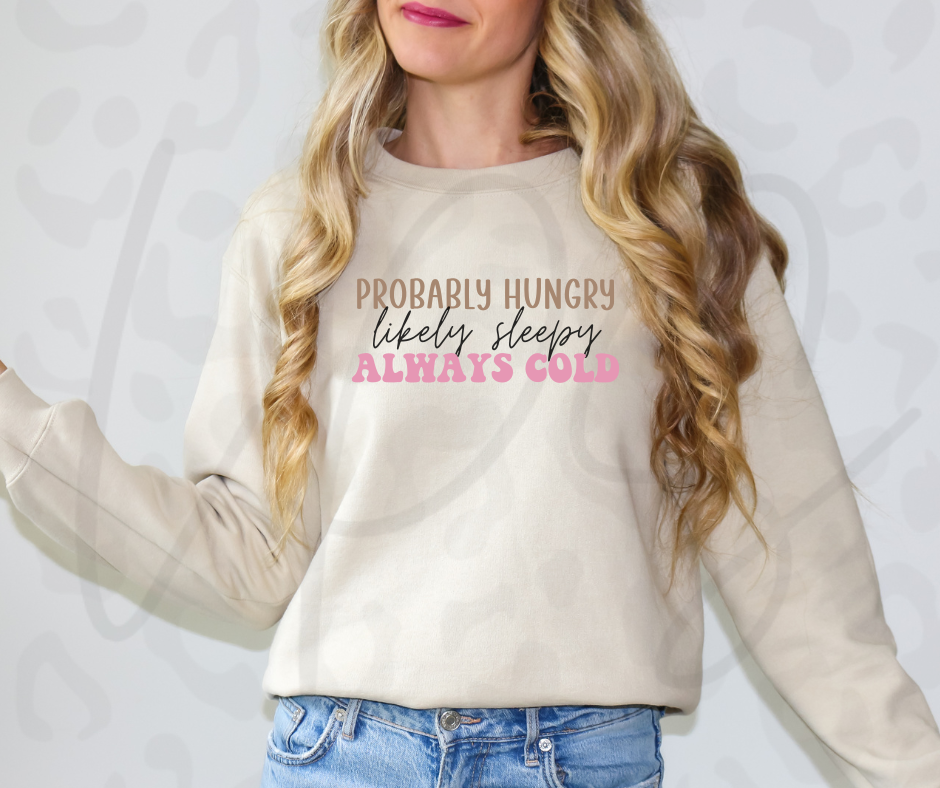 Probably Hungry Likely Sleepy Always Cold Crewneck – Cozy Relatable Pullover You Need