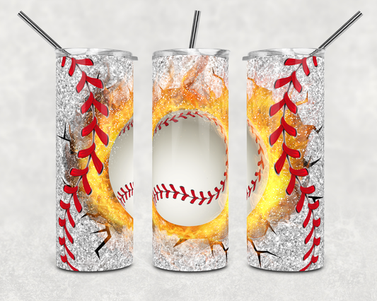 Baseball Fire Glitter Tumbler