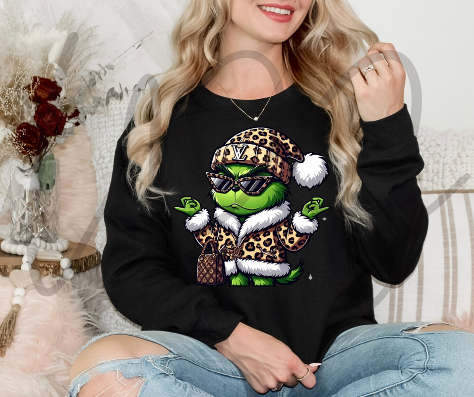 Black Grinch Designer Purse Crewneck Sweatshirt – Luxury Inspired Holiday Graphic Crewneck