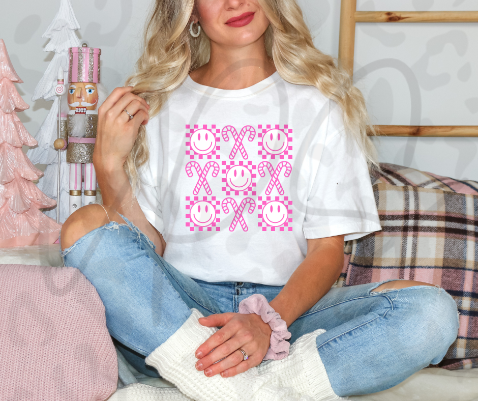 Candy Cane Smiley Face Shirt – Cute Christmas Graphic Tee for Festive Cheer