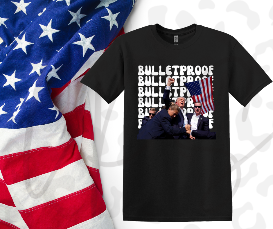 Trump Bulletproof White T-Shirt – Bold Patriotic Political Graphic Tee