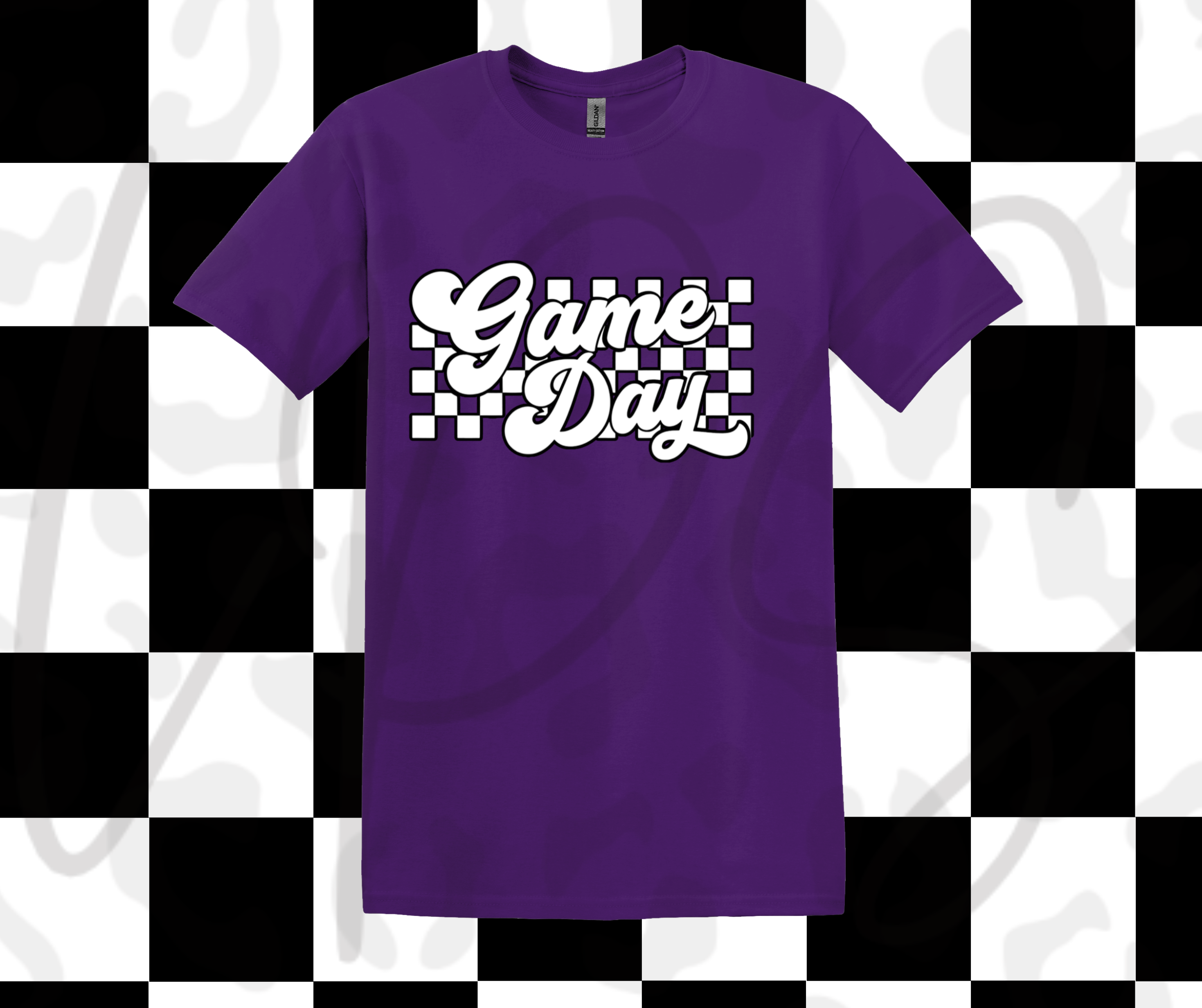 Game Day Black White Checker Tee – Retro Groove Meets Pure Purple Game Day Power