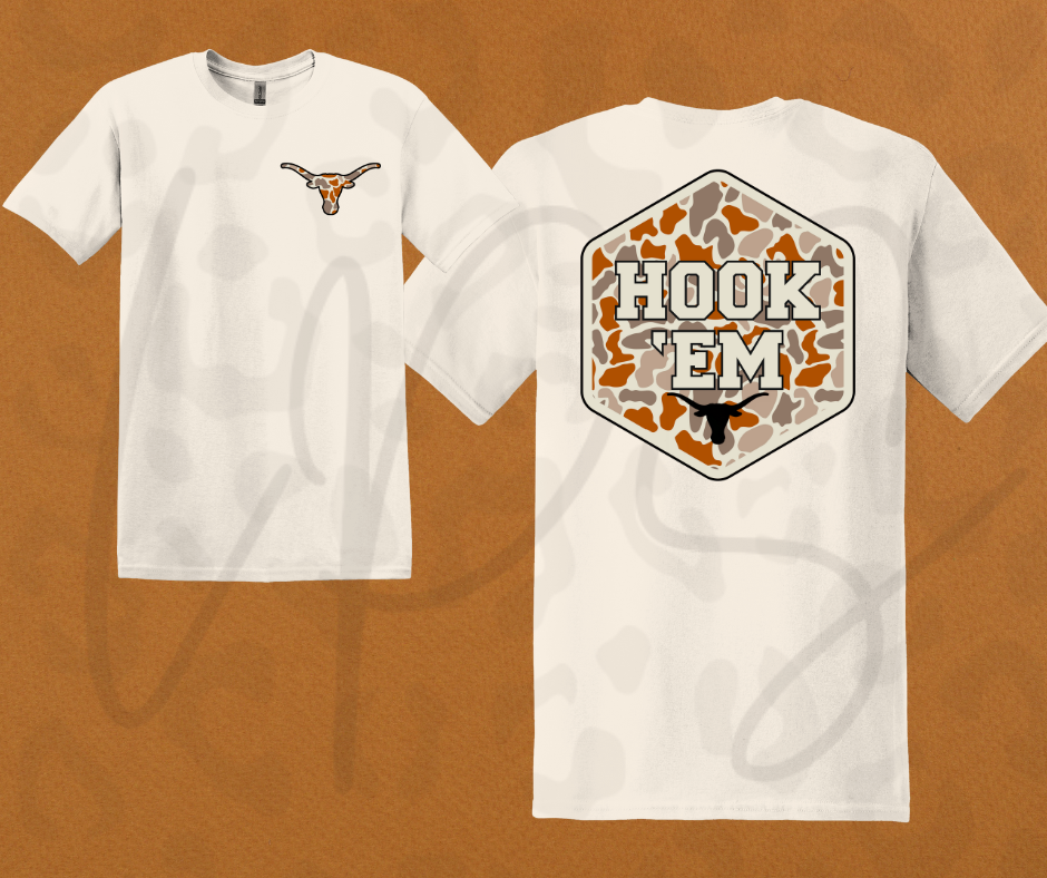 Hook ’Em Longhorns Shirt – Camo Back Graphic Texas Tee