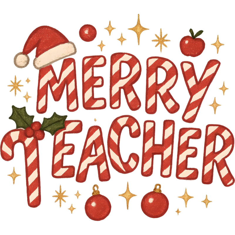 Merry Teacher PNG – Candy Cane Letter Christmas Clipart | Festive Teacher Holiday Sublimation Design