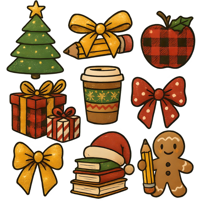 Christmas Teacher Bundle PNG – Cute Holiday Classroom Clipart | Festive School Sublimation Set