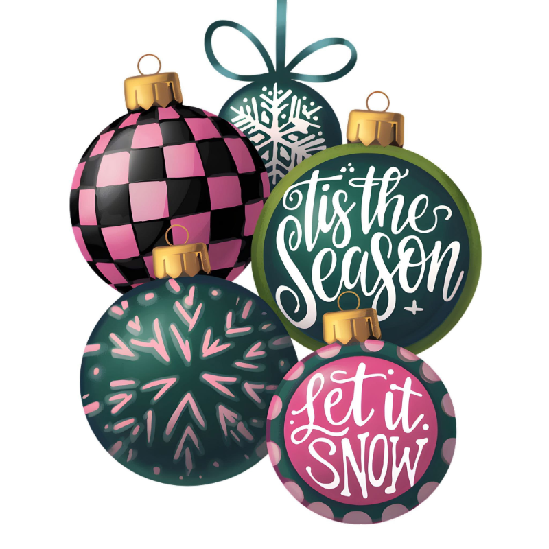 Christmas Ornaments Bundle PNG – Retro Checkered & Script Holiday Clipart | Cute Festive Sublimation Design