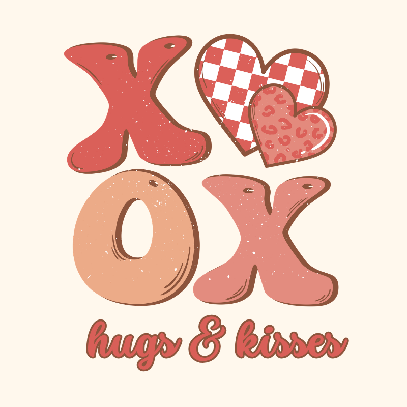 XOXO Hugs & Kisses PNG – Pink Valentine Clipart | Cute Mixed‑Pattern Love Sublimation Design