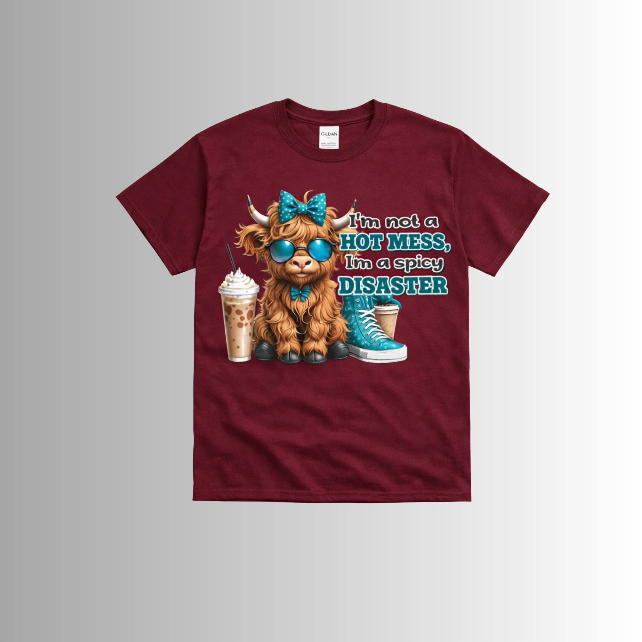 Spicy Disaster Highland Cow Graphic Tee – Funny Hot Mess Women’s T‑Shirt for Casual Everyday Style