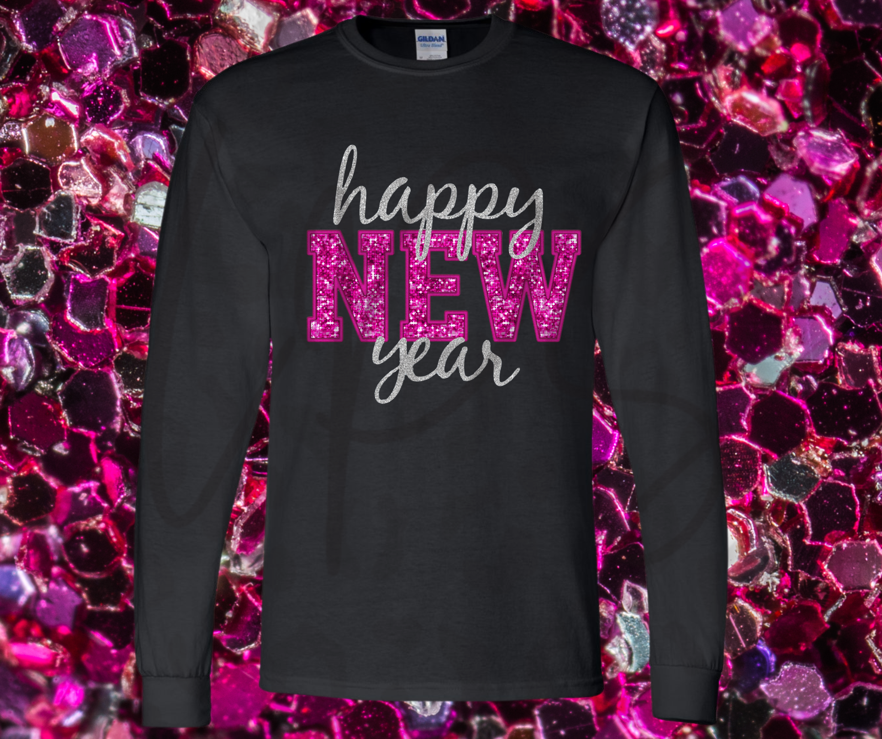 Faux Happy New Year Long Sleeve PNG | Glitter Holiday Shirt Artwork for Sublimation, Crafts, and Festive Apparel