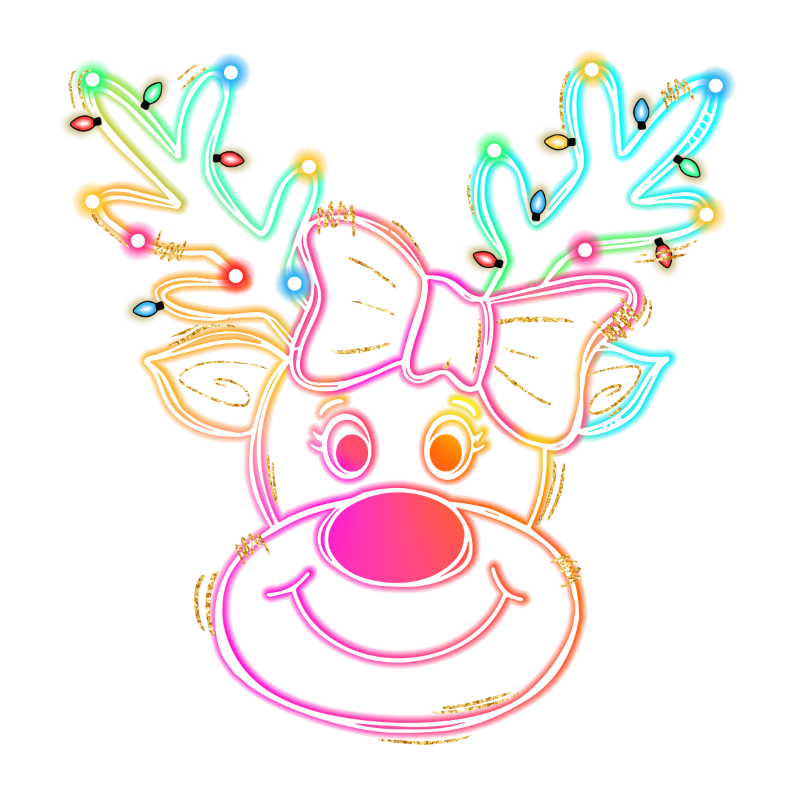 Neon Reindeer PNG – Colorful Christmas Lights Deer Face Clipart | Trendy Holiday Sublimation Design