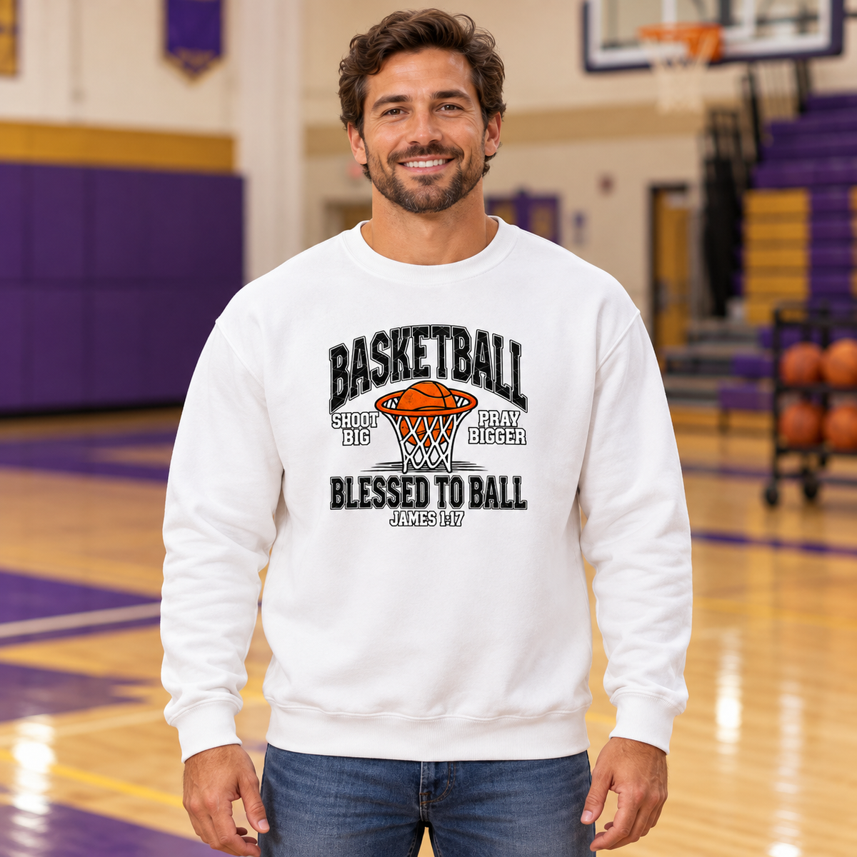 Illustrative AI lifestyle photo of an adult wearing the Blessed to Ball basketball crewneck with approved smaller print
