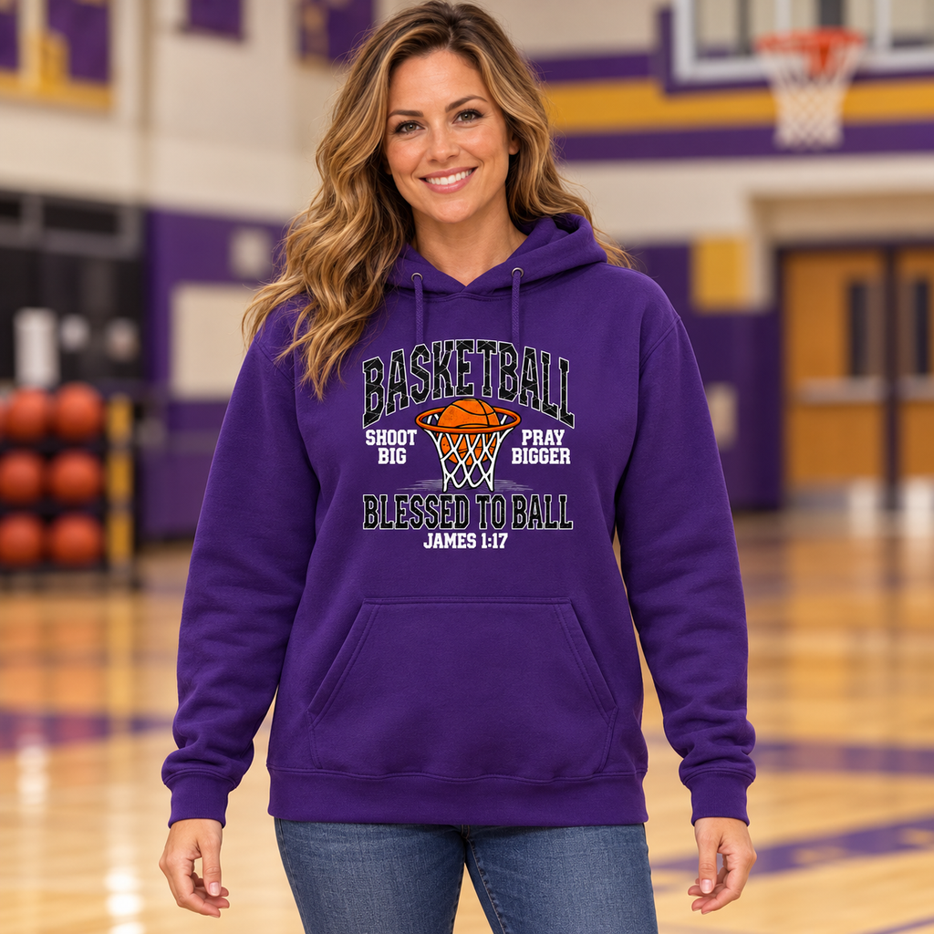 Illustrative AI lifestyle photo of an adult wearing the Blessed to Ball basketball hoodie with approved smaller print