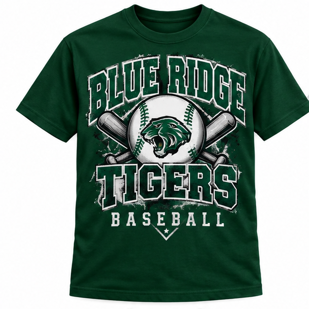 Blue Ridge Tigers Baseball Tee – Green & White Game Day Shirt - Forest Green