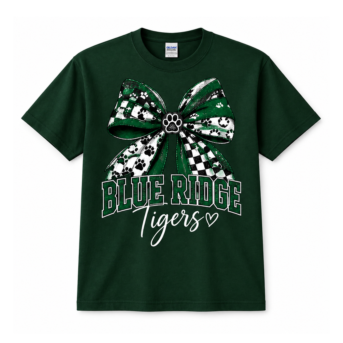 Blue Ridge Tigers Bow Shirt – Cute School Spirit Fan Tee - Gildan Forest Green