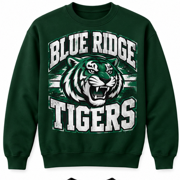 Blue Ridge Tigers Crewneck Sweatshirt – Green & White Spirit Wear - Forest Green