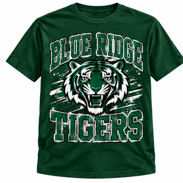 Blue Ridge Tigers Distressed Spirit Tee – Green & White Game Day Shirt - Forest Green