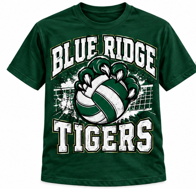 Blue Ridge Tigers Volleyball Tee – Green & White Volleyball Spirit Shirt - Forest Green