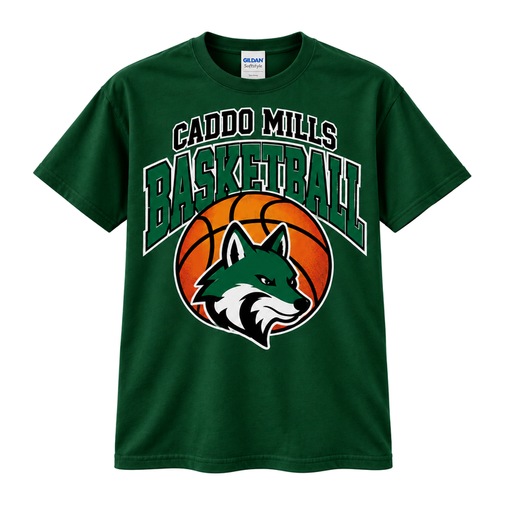 Caddo Mills Foxes Basketball Spirit Tee - Team Shirt - Gildan Forest Green Adult 64000 SOP 1.2