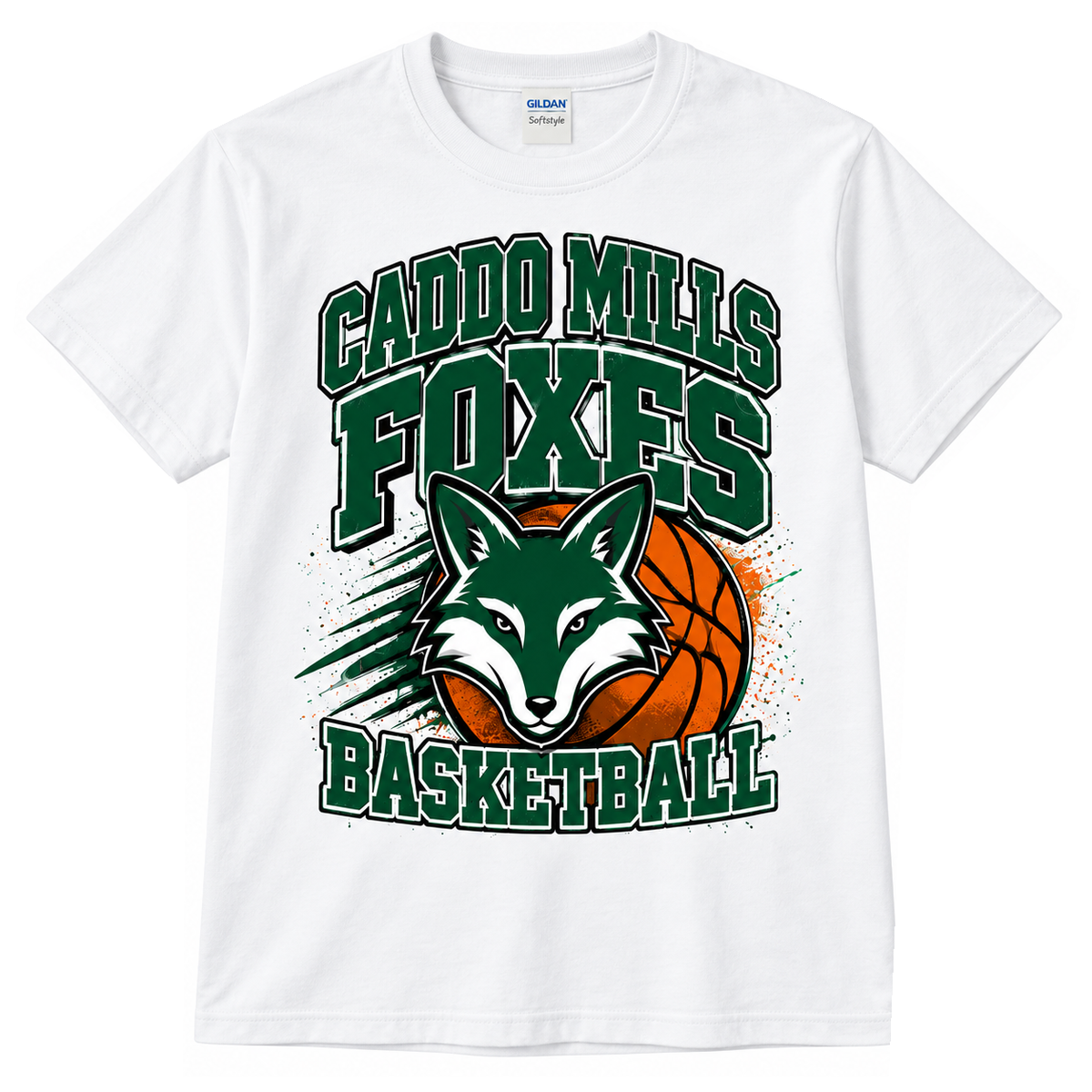 Caddo Mills Foxes Basketball Mascot Tee, adult Gildan Softstyle 64000, white