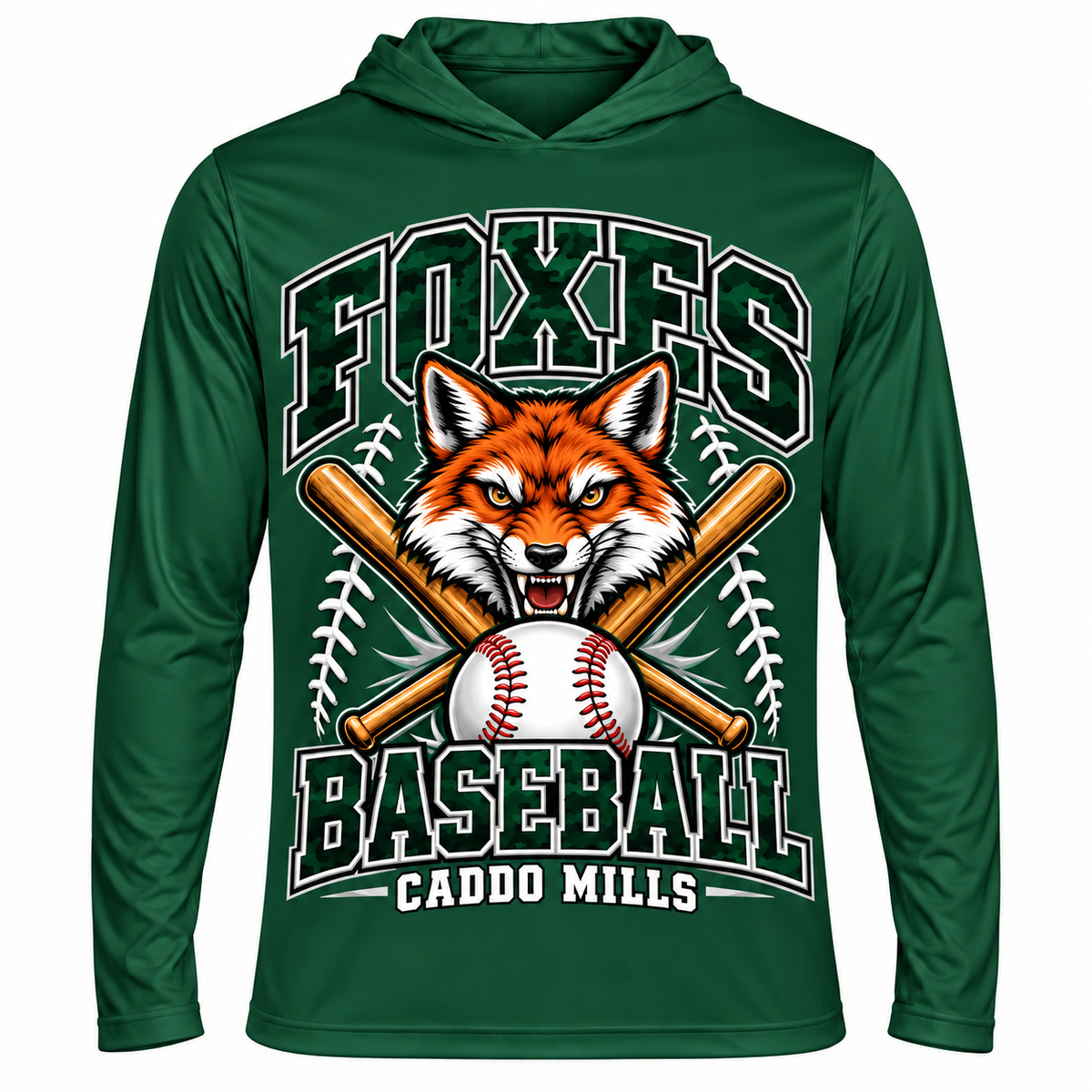 Caddo Mills Foxes baseball Team 365 adult forest performance hooded shirt front