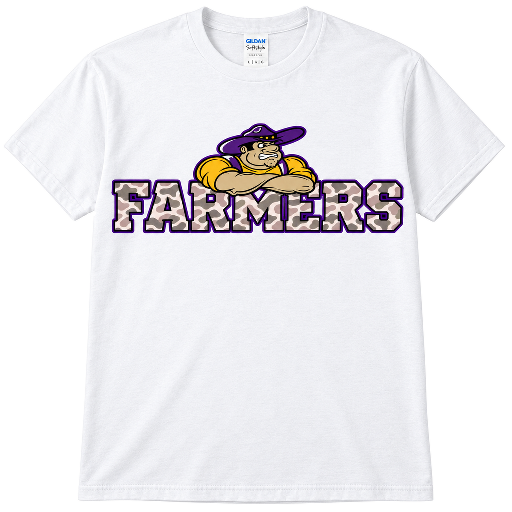 Farmersville farmer joe camo — adult Gildan Softstyle 64000, White