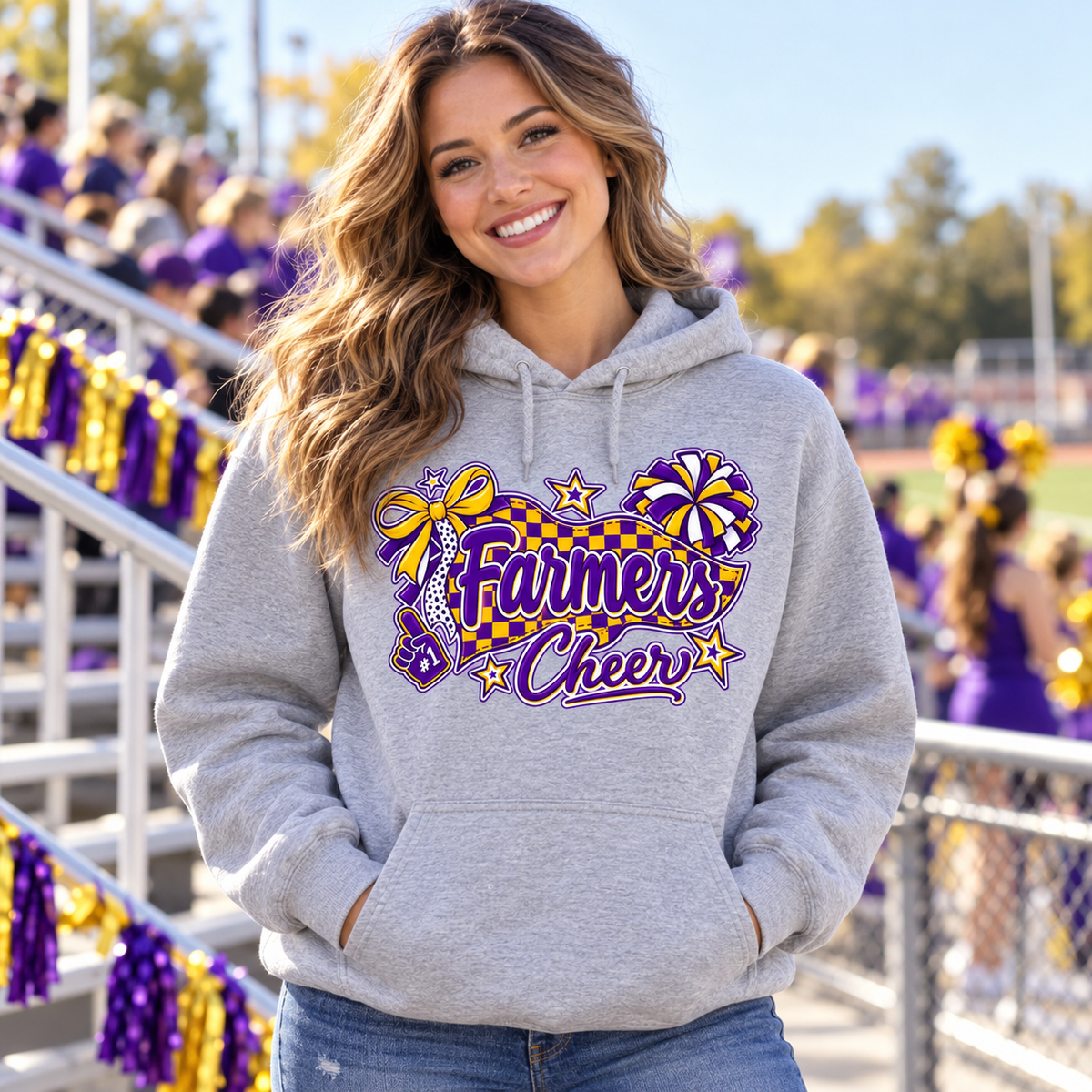 Farmersville farmers cheer hoodie worn at the bleachers — illustrative lifestyle mockup
