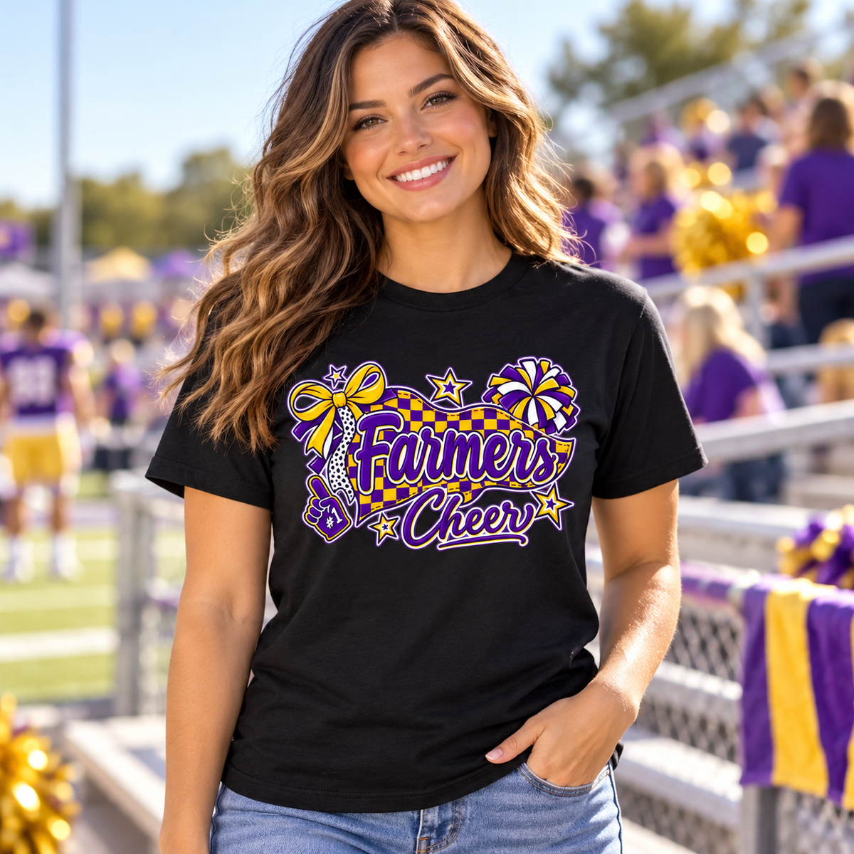 Farmersville farmers cheer tee worn at the bleachers — illustrative lifestyle mockup