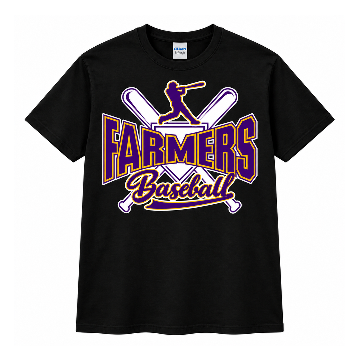 Farmersville Farmers Crossed Bats Baseball Tee adult Gildan 64000 Black approved outlined artwork