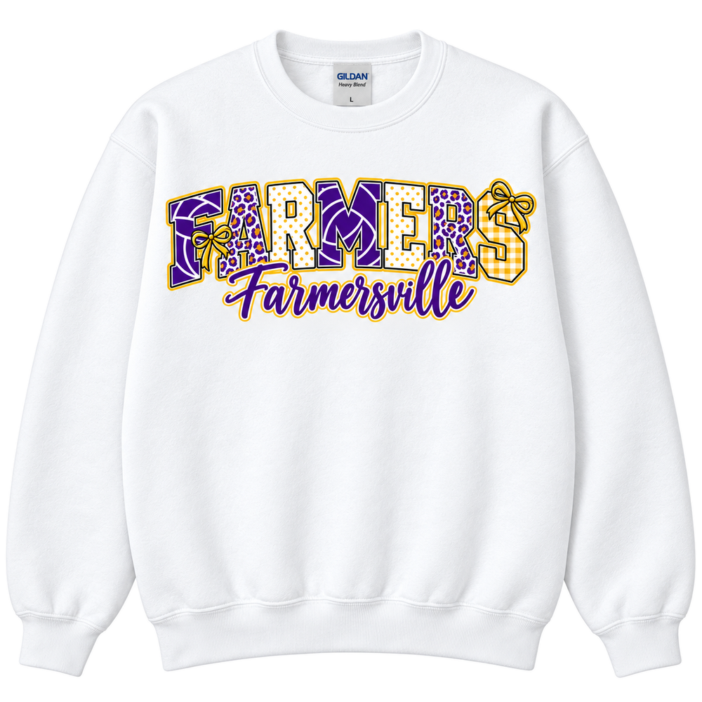 Farmersville farmers pattern bows — adult Gildan 18000, White