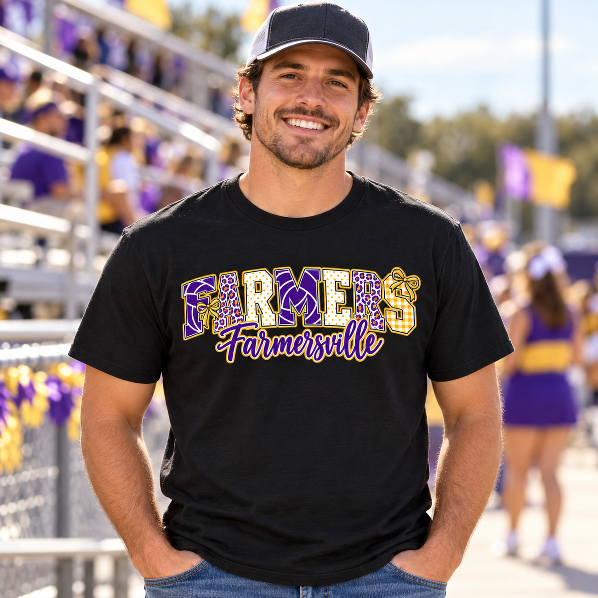 Farmersville farmers pattern bows tee worn at the bleachers — illustrative lifestyle mockup